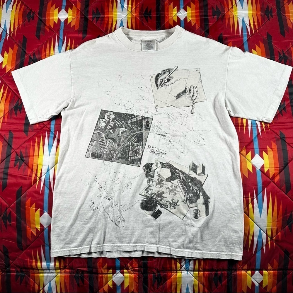 Vintage Andazia MC Escher Tee T-Shirt AOP Abstract Art Size Medium Fish White